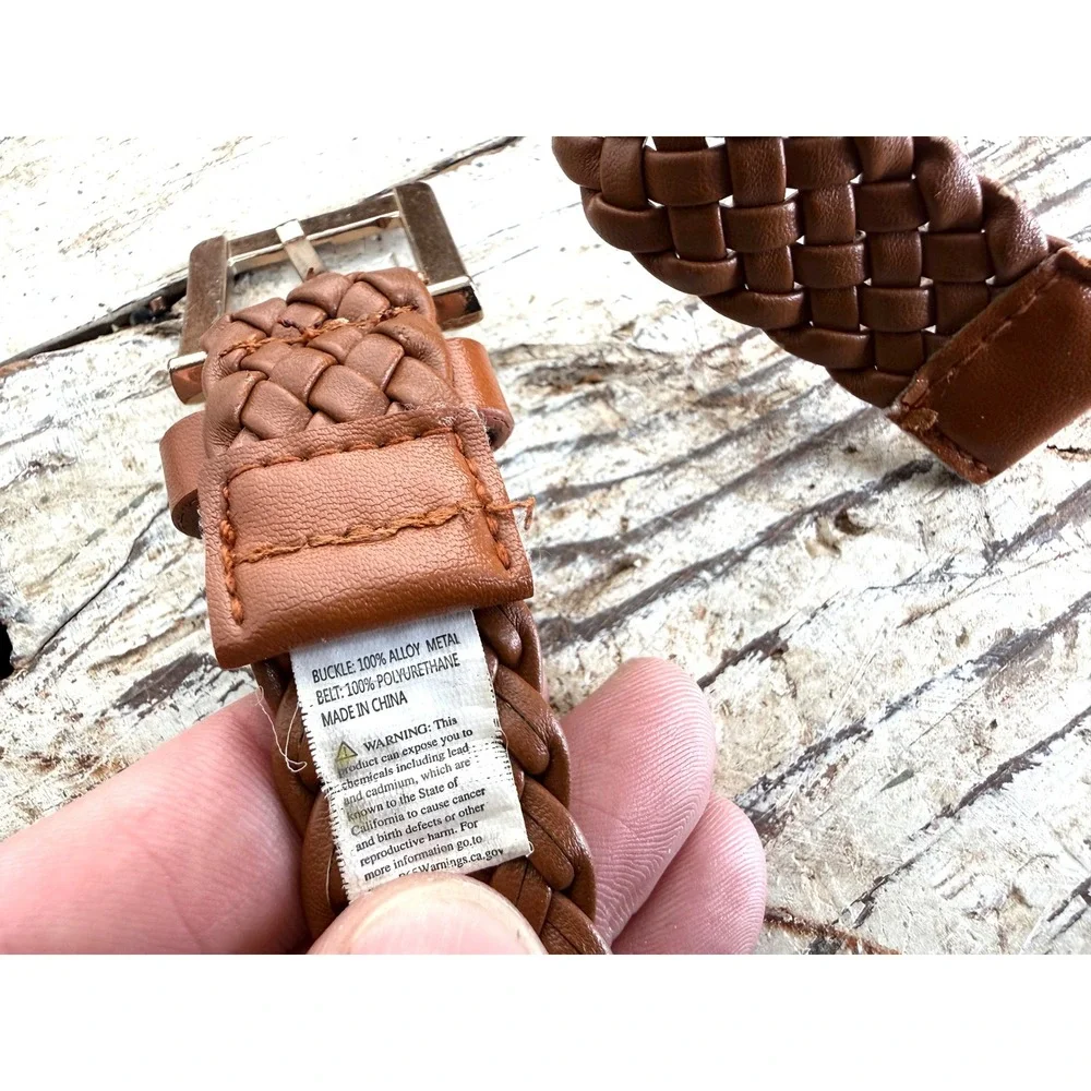 Cognac Brown Braided Woven Belt Square Buckle Faux Leather Adjustable - Picture 6 of 7